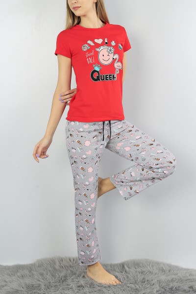 Kırmızı Baskılı Bayan Pijama Takımı 52095