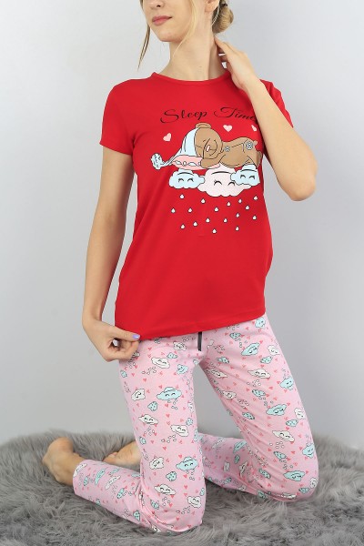Kırmızı Baskılı Bayan Pijama Takımı 52122