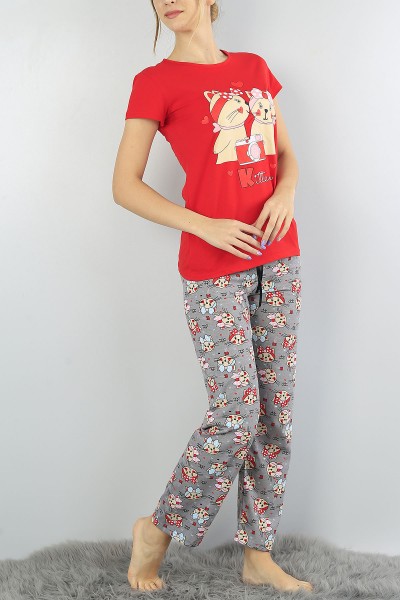 Kırmızı Baskılı Bayan Pijama Takımı 52127