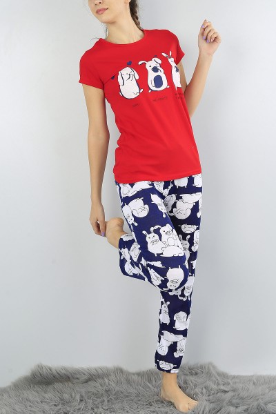 Kırmızı Baskılı Bayan Pijama Takımı 52141
