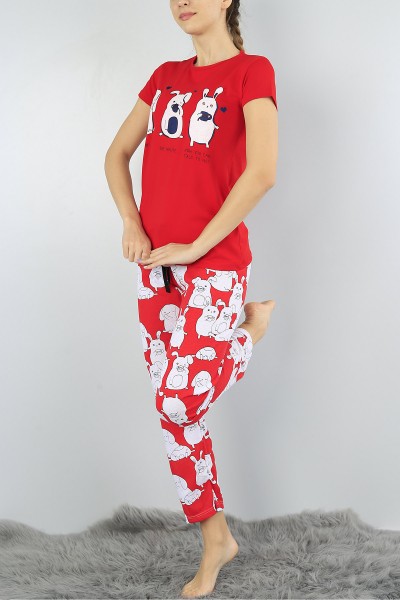 Kırmızı Baskılı Bayan Pijama Takımı 52148