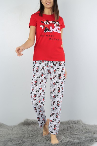 Kırmızı Baskılı Bayan Pijama Takımı 52163