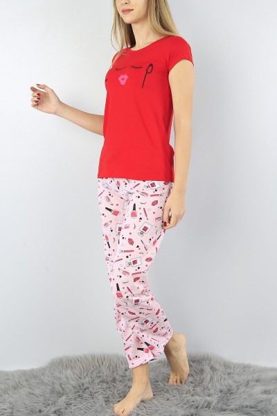 Kırmızı Baskılı Bayan Pijama Takımı 52301