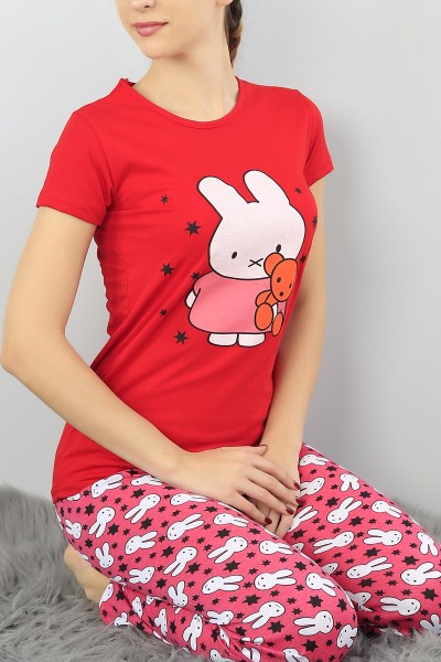 Kırmızı Baskılı Bayan Pijama Takımı 52307