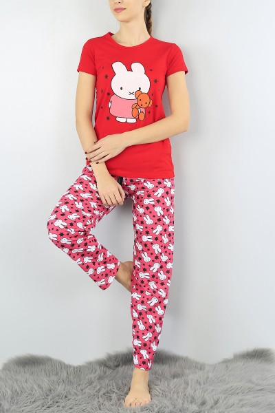 Kırmızı Baskılı Bayan Pijama Takımı 52307