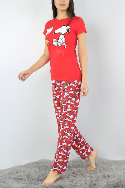 Kırmızı Baskılı Bayan Pijama Takımı 52370