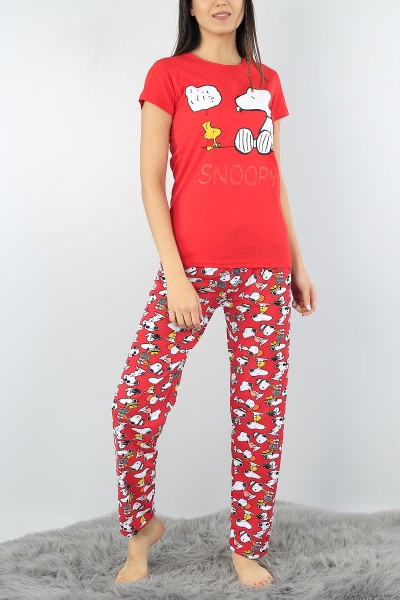 Kırmızı Baskılı Bayan Pijama Takımı 52370