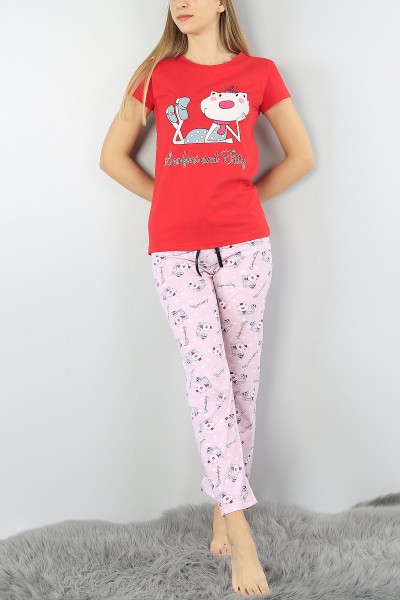 Kırmızı Baskılı Bayan Pijama Takımı 53360