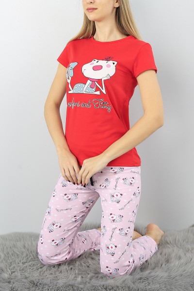 Kırmızı Baskılı Bayan Pijama Takımı 53360