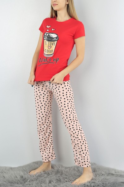Kırmızı Baskılı Bayan Pijama Takımı 54411