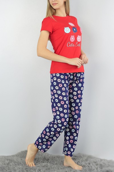 Kırmızı Baskılı Bayan Pijama Takımı 54420