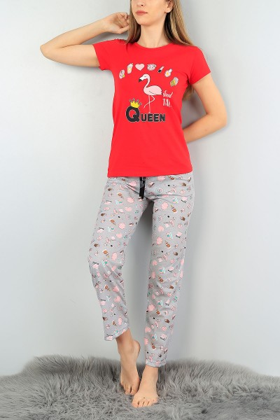Kırmızı Baskılı Bayan Pijama Takımı 58961