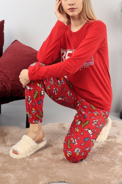 Kırmızı Baskılı Bayan Pijama Takımı 89389