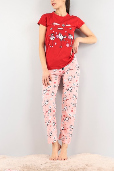 Kırmızı Baskılı Bayan Pijama Takımı 92073