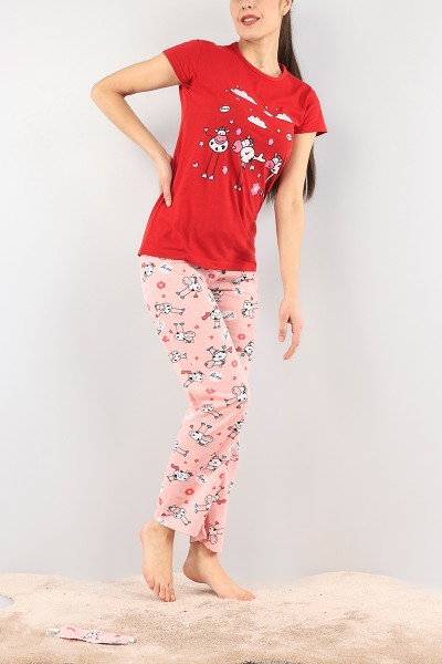 Kırmızı Baskılı Bayan Pijama Takımı 92073