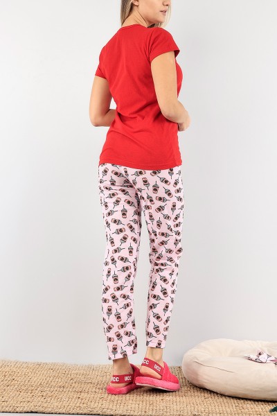 Kırmızı Baskılı Bayan Pijama Takımı 92096