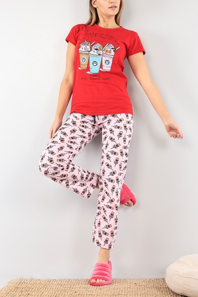 Kırmızı Baskılı Bayan Pijama Takımı 92096