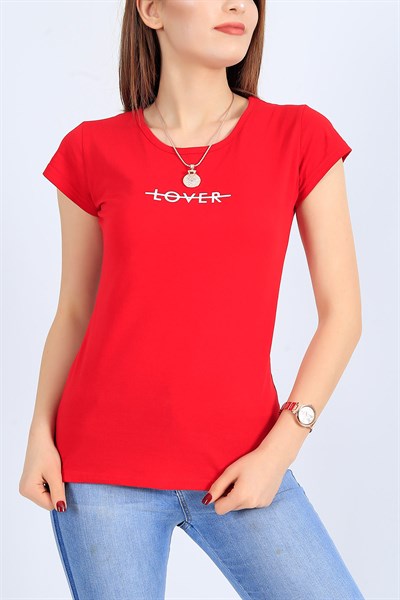 Kırmızı Baskılı Bayan Tişört 26832B