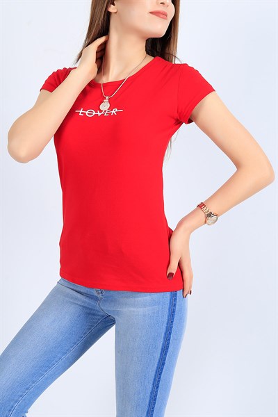 Kırmızı Baskılı Bayan Tişört 26832B