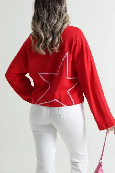 Kırmızı Baskılı Bisiklet Yaka Likralı Kadın Sweat 494419