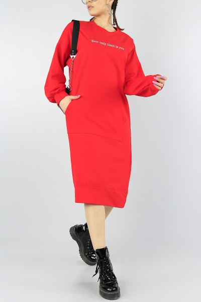 Kırmızı Baskılı Cepli Tunik Elbise 55737