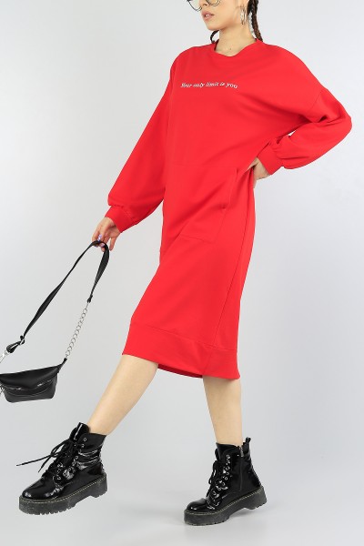 Kırmızı Baskılı Cepli Tunik Elbise 55737