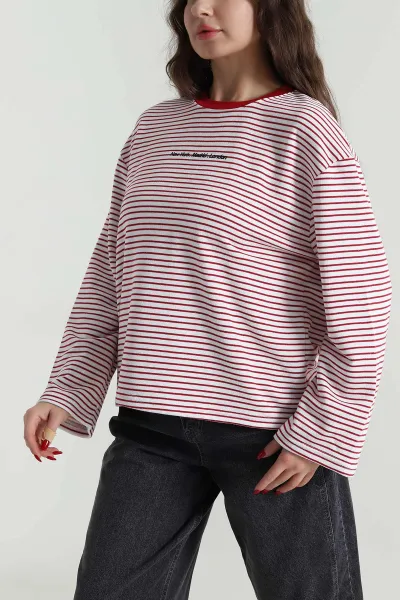 Kırmızı Baskılı Çizgili Üç İp Kadın Sweat 496379