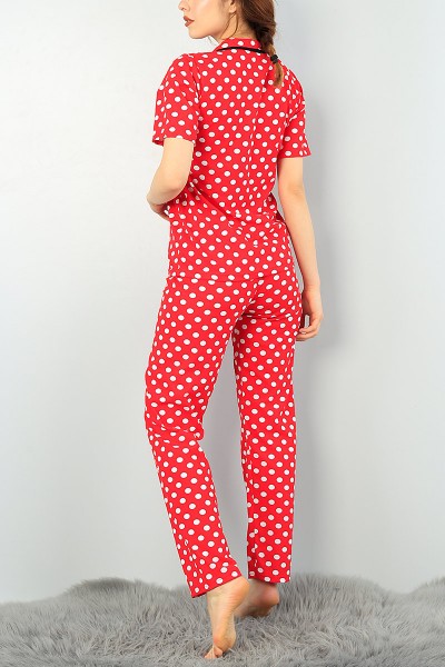 Kırmızı Baskılı Düğmeli Bayan Pijama Takımı 63228