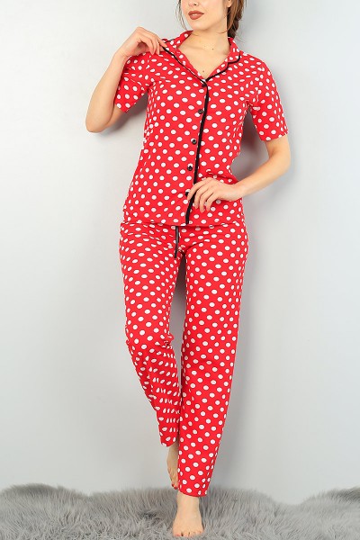 Kırmızı Baskılı Düğmeli Bayan Pijama Takımı 63228