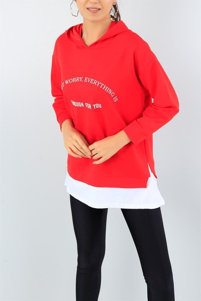 Kırmızı Baskılı Kapüşonlu Bayan Sweat 43060