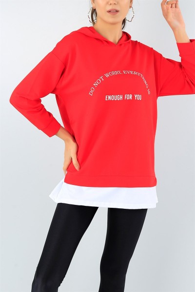 Kırmızı Baskılı Kapüşonlu Bayan Sweat 43060