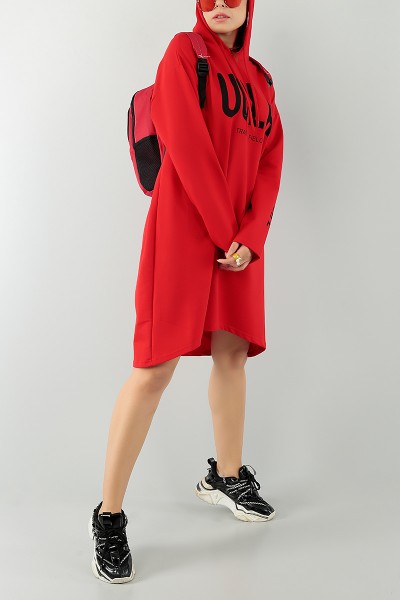 Kırmızı Baskılı Kapüşonlu Tunik Elbise 74660