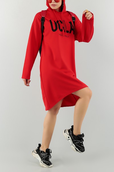 Kırmızı Baskılı Kapüşonlu Tunik Elbise 74660