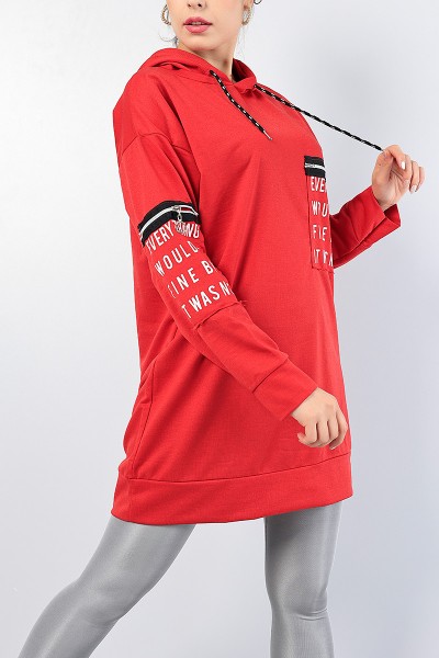 Kırmızı Baskılı Kapüşonlu Sweat Tunik 76499