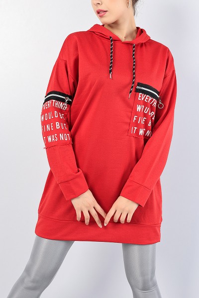 Kırmızı Baskılı Kapüşonlu Sweat Tunik 76499