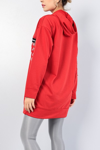 Kırmızı Baskılı Kapüşonlu Sweat Tunik 76499