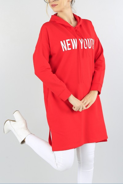 Kırmızı Baskılı Kapüşonlu Tunik Elbise 55726