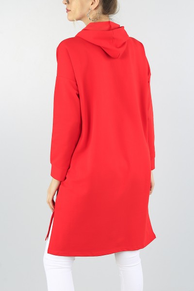 Kırmızı Baskılı Kapüşonlu Tunik Elbise 55726