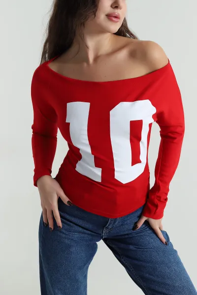 Kırmızı Baskılı Kayık Yaka Modal Kadın Bluz 497577