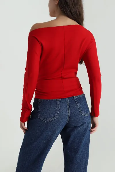 Kırmızı Baskılı Kayık Yaka Modal Kadın Bluz 497577