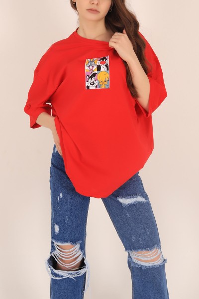 Kırmızı Baskılı Oversize Tişört 169881