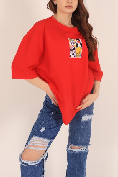 Kırmızı Baskılı Oversize Tişört 169881