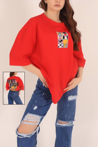 Kırmızı Baskılı Oversize Tişört 169881