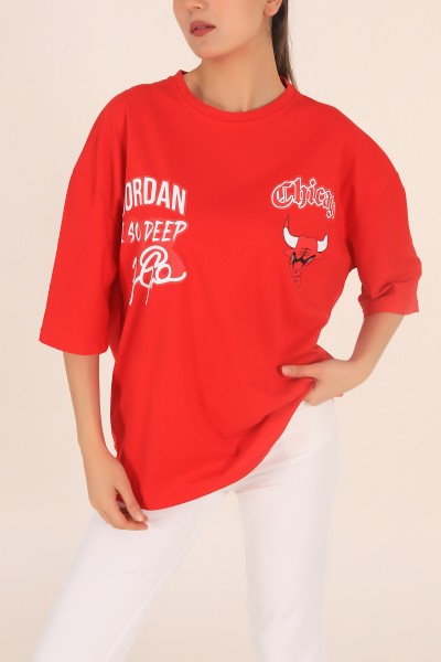 Kırmızı Baskılı Oversize Tişört 169884