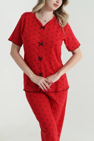 Kırmızı Baskılı Pointel Kadın Pijama Takımı 463562