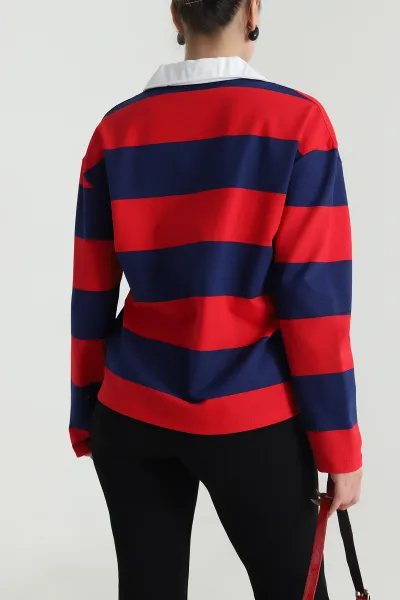 Kırmızı Baskılı Polo Yaka İki İp Kadın Sweat 492558