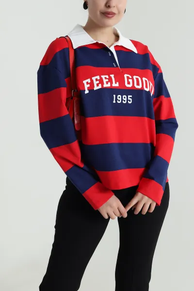 Kırmızı Baskılı Polo Yaka İki İp Kadın Sweat 492558