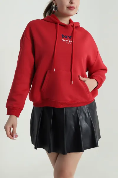 Kırmızı Baskılı Şardonlu Üç İp Kadın Sweat 485033
