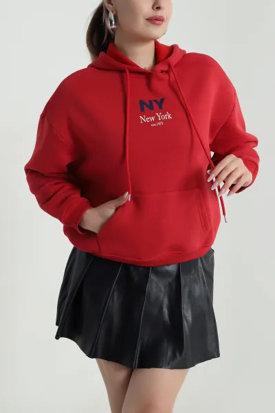 Kırmızı Baskılı Şardonlu Üç İp Kadın Sweat 485033