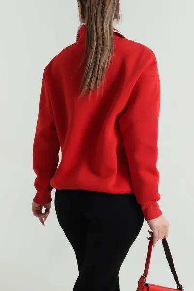 Kırmızı Baskılı Şardonlu Üç İp Kadın Sweat 491719